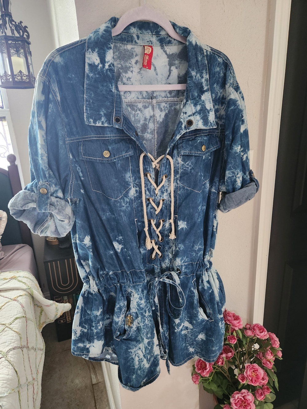 Apple Bottoms Adjustable Tie-Dye Denim Top - Blue & White
